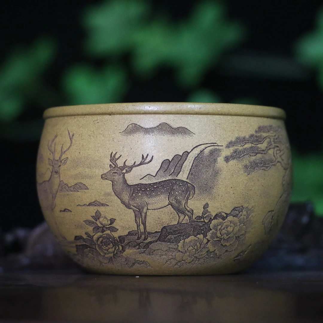 【宜兴原矿紫砂】段泥手工刻绘瑞鹿山水主人杯茶具200cc