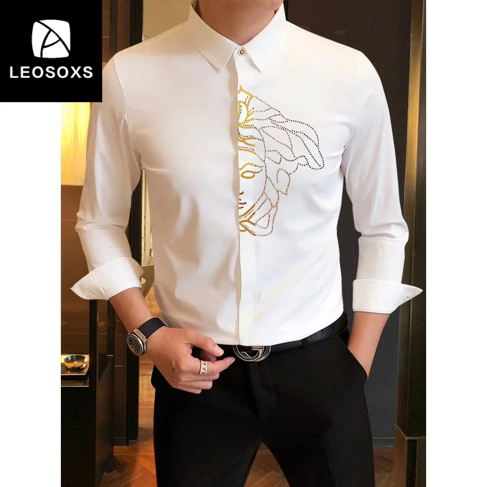 潮牌痞帅高端弹力男士秋季商务休闲长袖衬衫弹力免烫抗皱衬衣男款