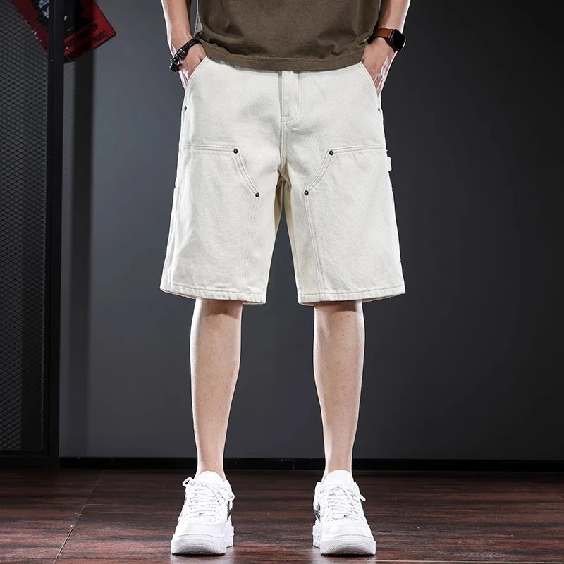 Cebrodz白色短裤男牛仔裤新款宽松休闲中裤欧美简约工装五分裤潮