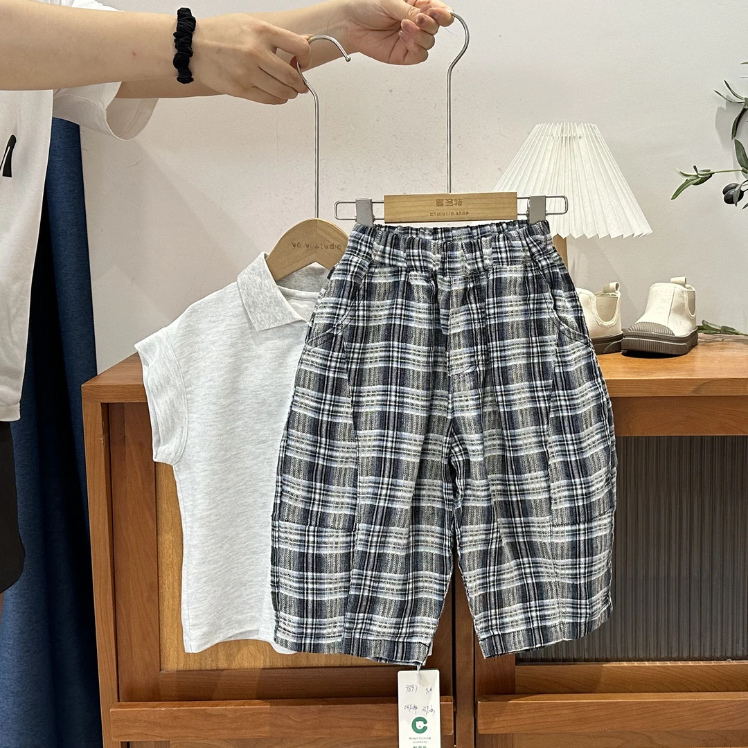 【格子亚麻】儿童夏季简约格子七分裤82148