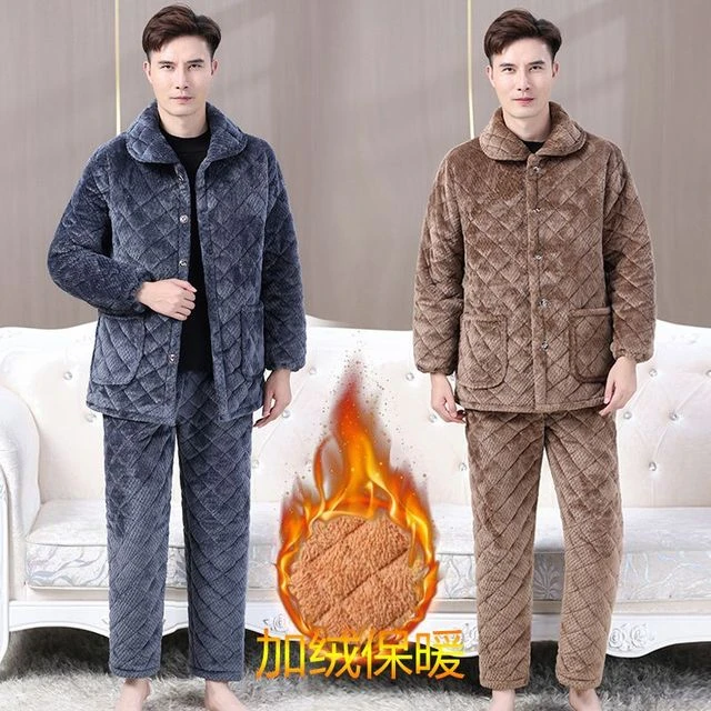 三层夹棉珊瑚绒加大码加厚加绒罩衣加棉套装四川省省服睡衣男冬季
