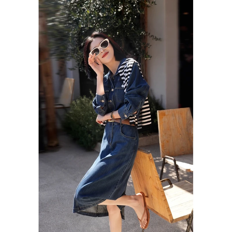 TOUCH MISS轻奢纯棉肌理牛仔裙秋新款翻领长袖连衣裙