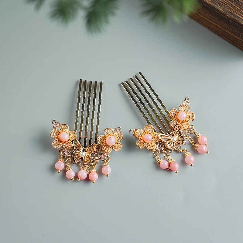 古悦倾城（粉蝶发梳）古风汉服发饰粉色短流苏掩鬓