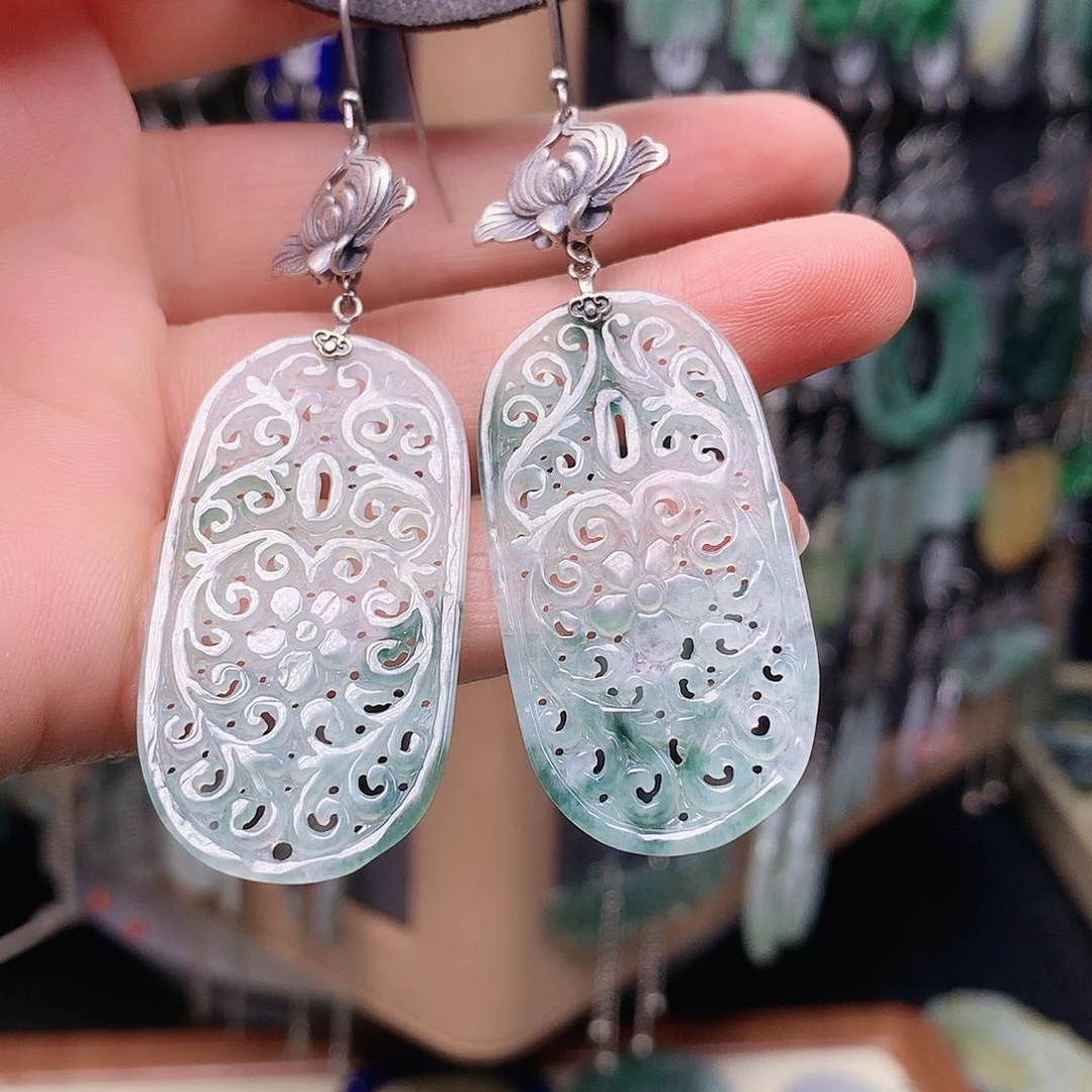 阿***岱翡翠银S925镶嵌耳饰精美