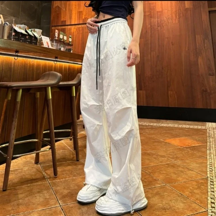 白色刺绣速干运动工装裤女薄款2025夏季新款高腰休闲束脚阔腿裤子