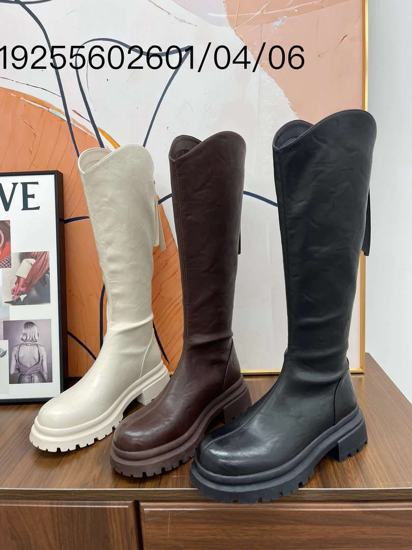 厚底V口骑士靴女靴子气质褶皱长筒靴不过膝秋冬季新款