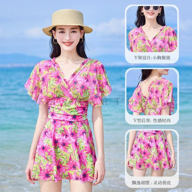 法式碎花连衣裙女士遮肉显瘦游泳衣夏季新款网纱洋气减龄度假泳装