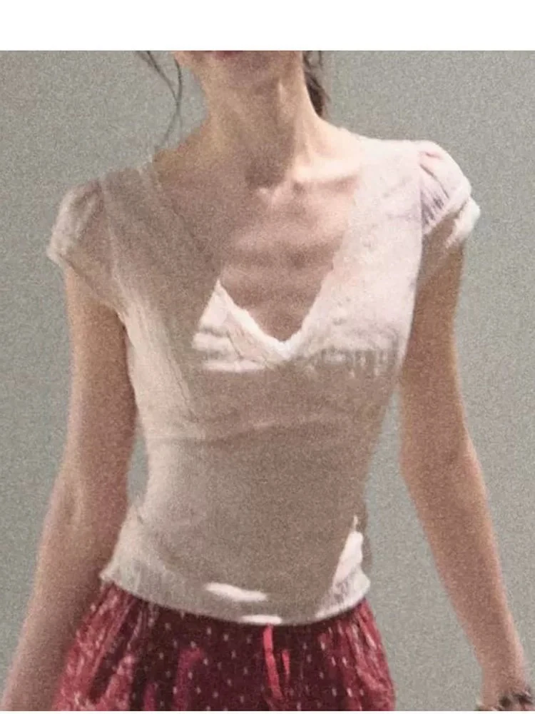 千金风短袖拼接绑带INS风V领T恤背心套装打底衫修身