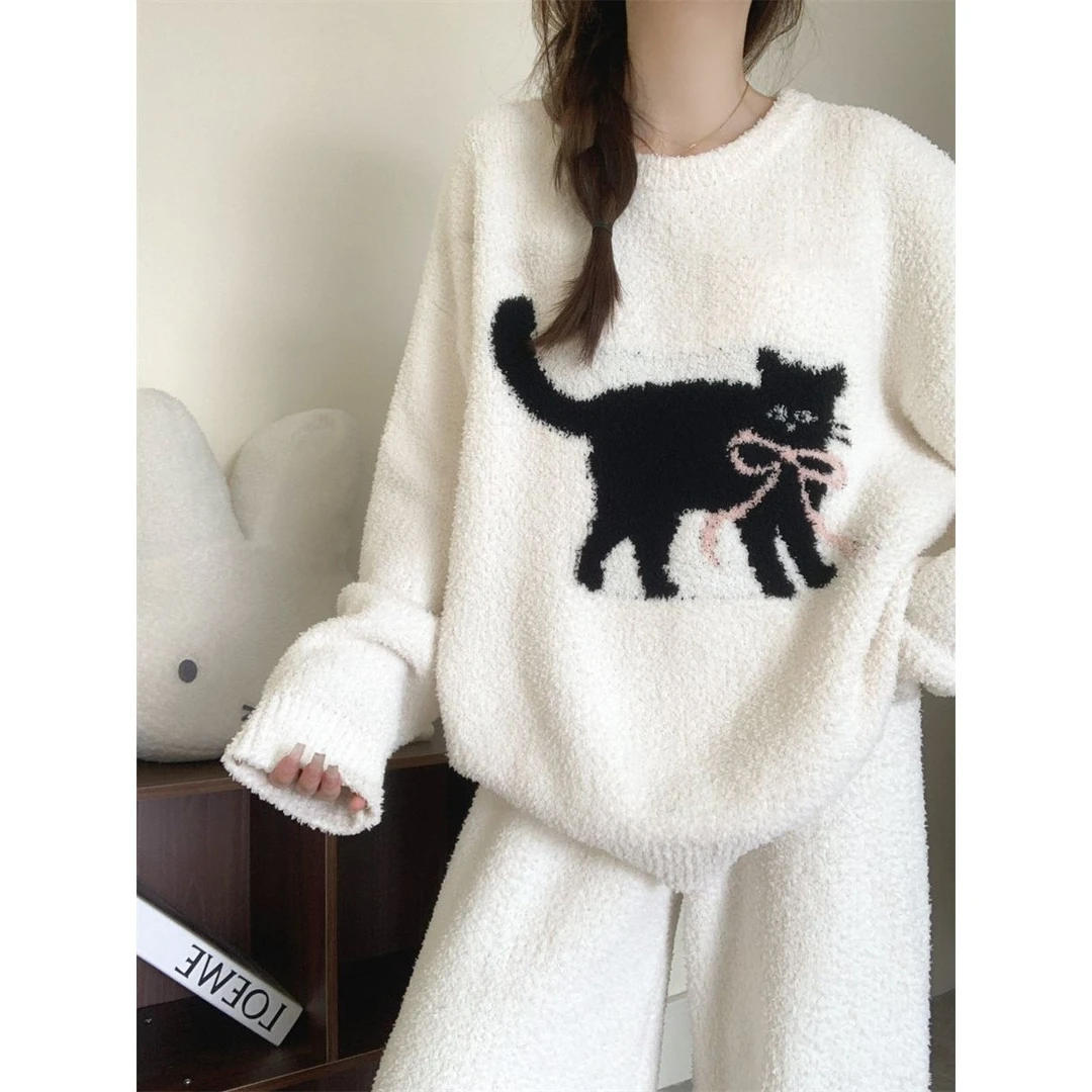 秋冬季半边绒睡衣女款长袖网红ins休闲保暖简约套装可外穿家居服