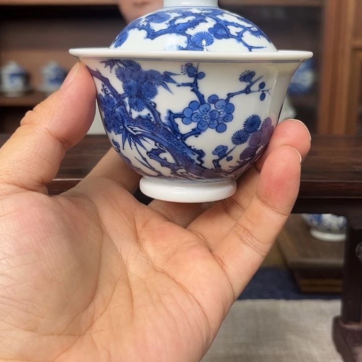 盖碗青花松竹梅纹盖碗
