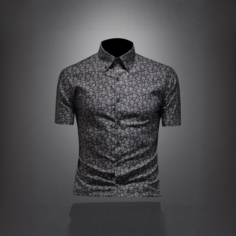 哈逊梅奈欧洲站提花短袖衬衫男士夏季潮流休闲上衣高品质半袖衬衣