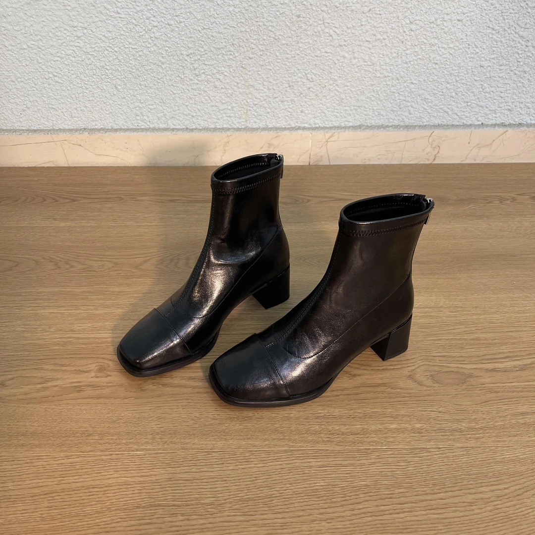 短筒靴女新款复古弹力气质时尚瘦瘦靴百搭真皮方头粗跟拉链短靴