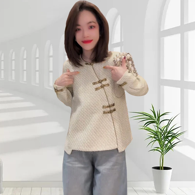 新中式国风复古盘扣衬衫6614新款时尚洋气休闲百搭遮肉长袖女上衣