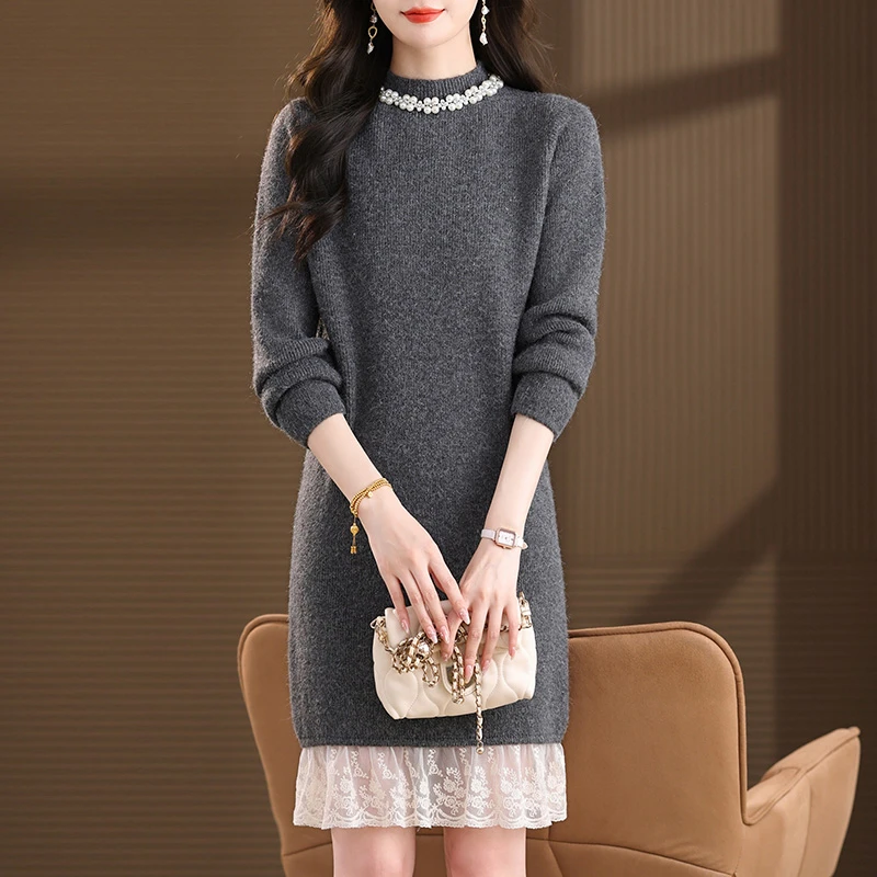 蕾丝针织连衣裙女秋冬2025新款洋气妈妈配大衣灰色毛衣裙冬季气质
