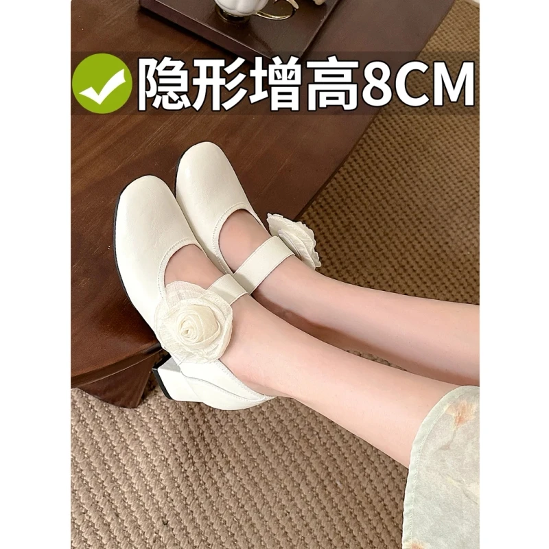 牛皮版~山茶花一字带玛丽珍鞋女夏季百搭内增高单鞋配裙子高跟鞋