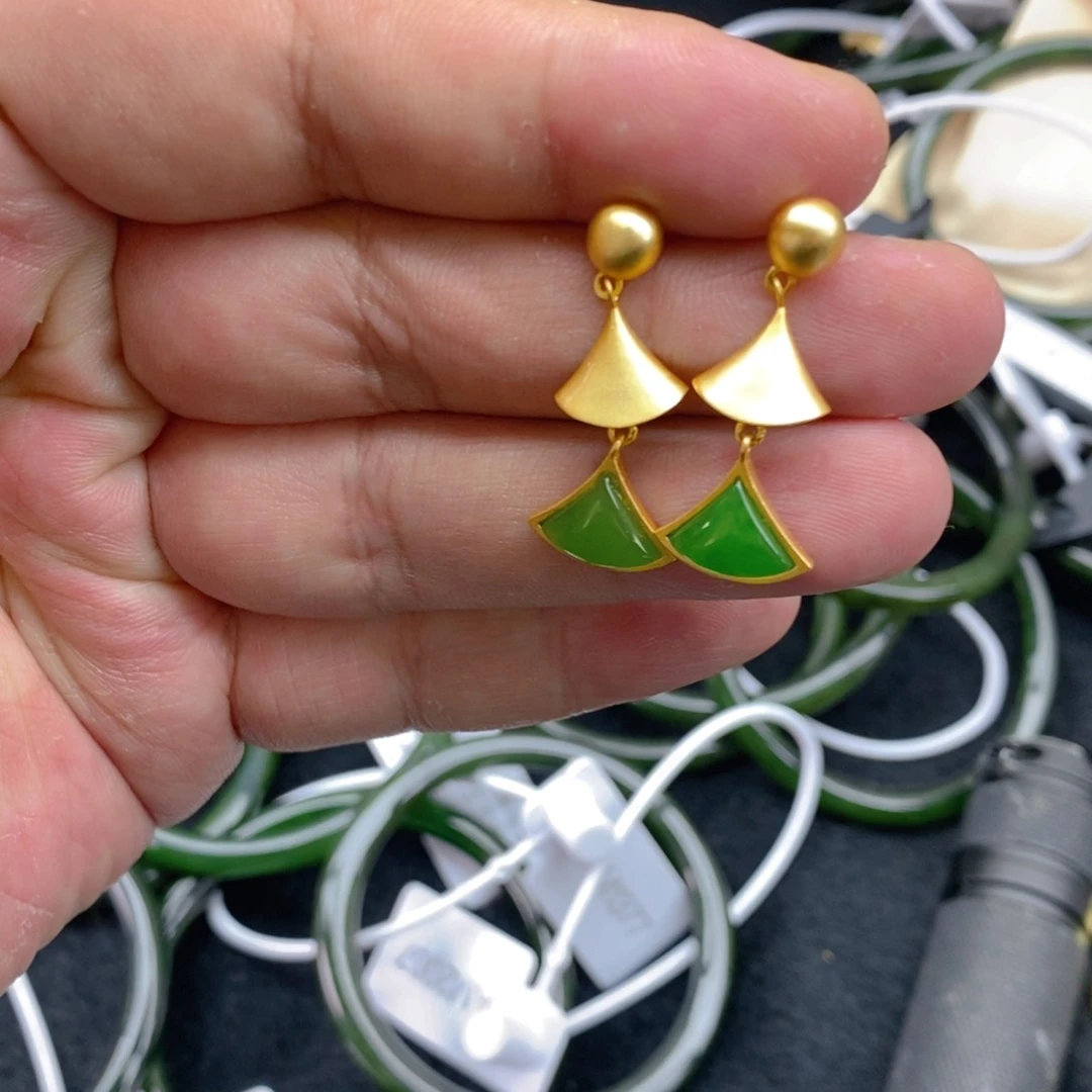 和田玉（碧玉）耳饰银S925镀金镶嵌