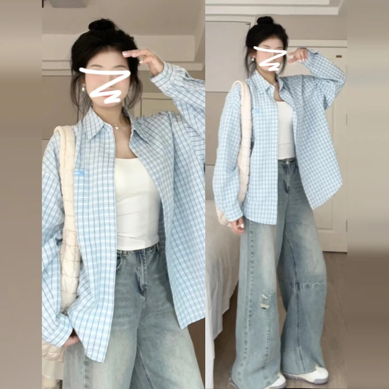 韩系宽松休闲蓝色格子衬衫外套女新款早春防晒慵懒风衬衣上衣0131