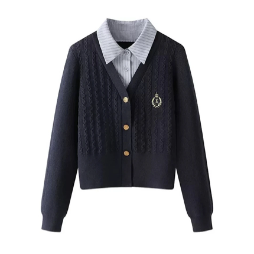 假两件针织开衫女春秋上衣新款学院风拼接刺绣短款针织衫毛衣外套