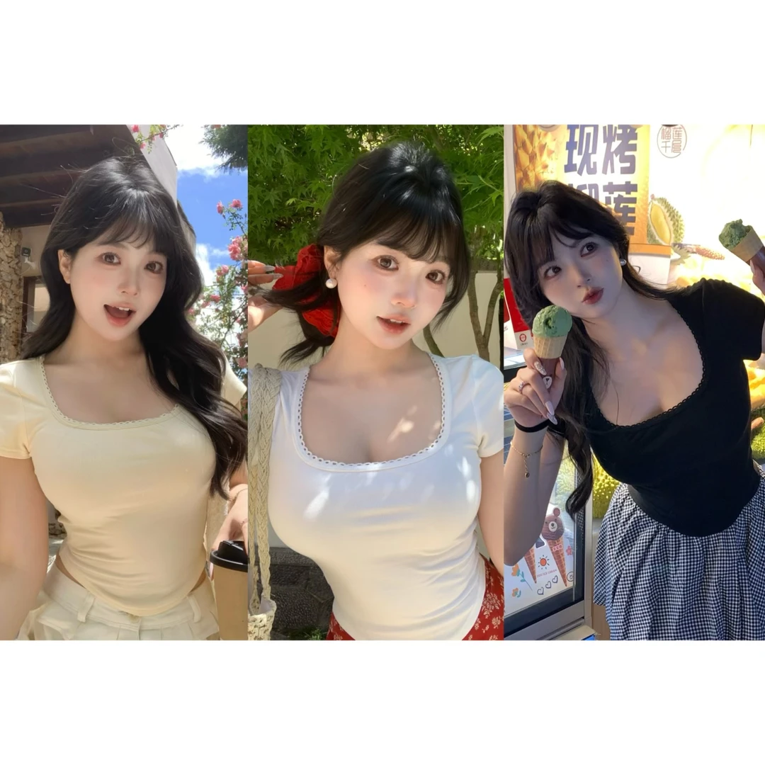 MengFairy 现货【方领锁骨T】收腰显瘦短袖针织春夏基础上衣 5189