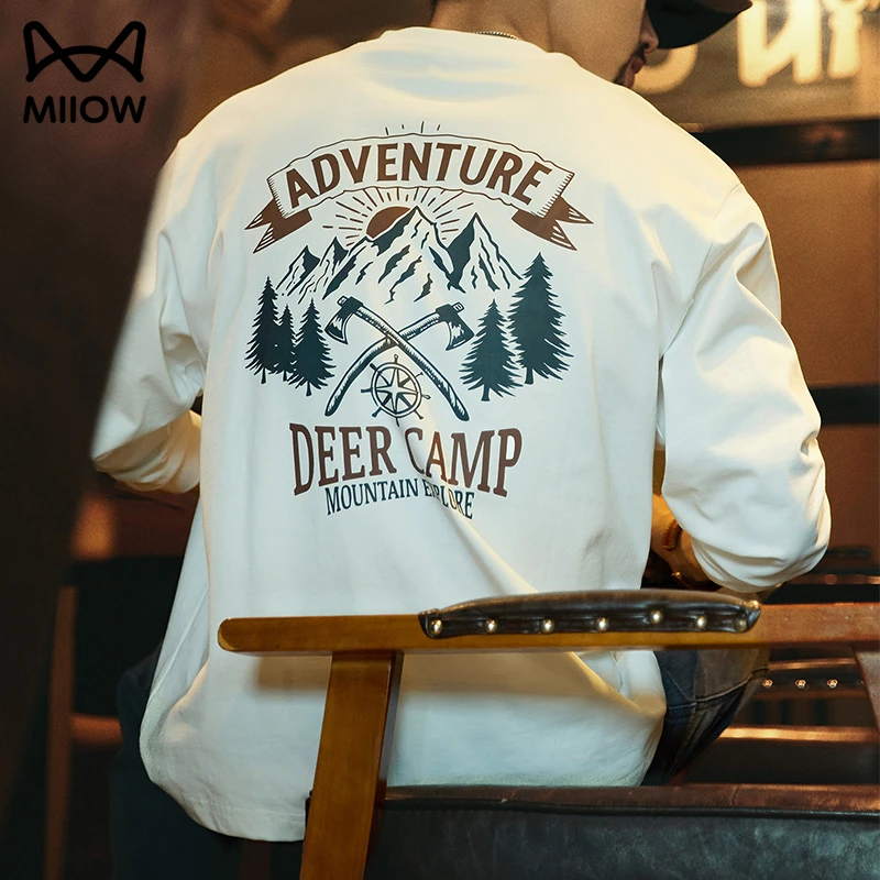 猫人100%纯棉印花长袖t恤男款春秋季宽松百搭山系美式打底衫上衣