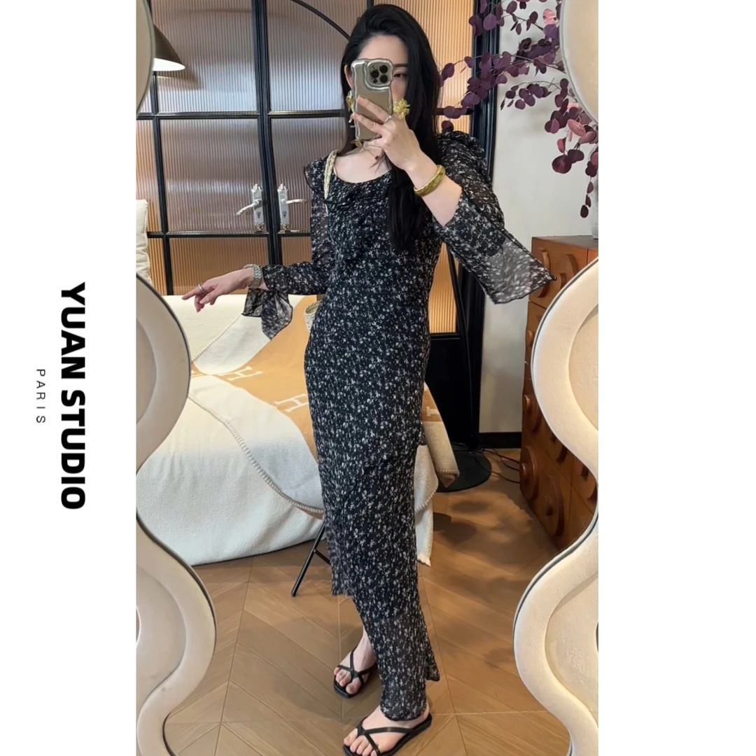 少量现！【樱花轻舞】夏季法式复古花卉显瘦遮肉防晒长袖优雅连衣裙