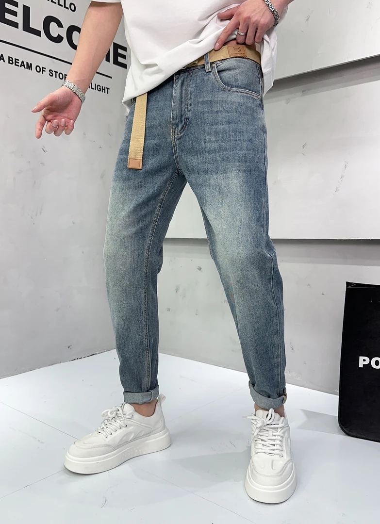 【小璐优选】春款浅蓝色男士牛仔裤时尚休闲百搭潮流小直筒弹力水洗