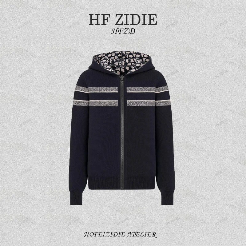 「HF-ZIDIE」复古双面穿老花提花字母连帽开衫秋冬季新款撞色外套现