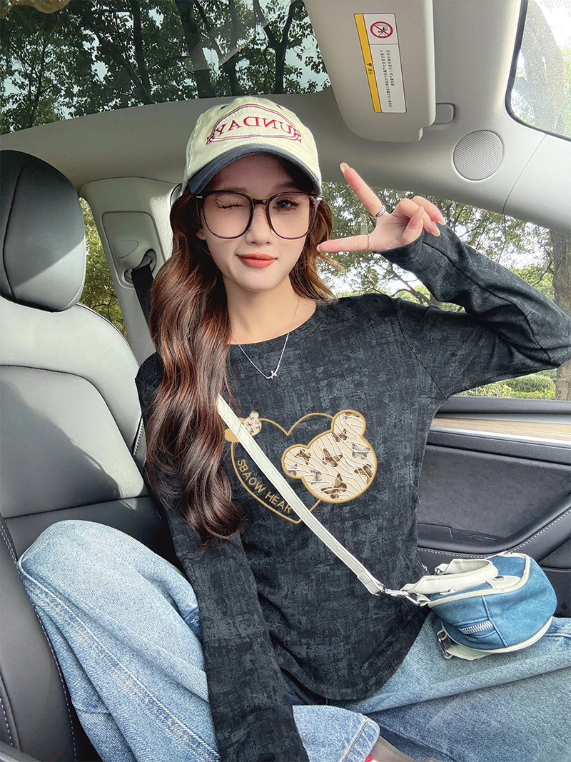 圆领扎染长袖T恤内搭打底衫女秋季新款韩版时尚修身显瘦卡通上衣