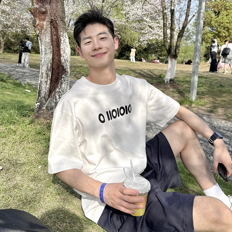 280g半袖短袖圆领字母弹力纯棉白色T恤印花运动休闲百搭男士上衣