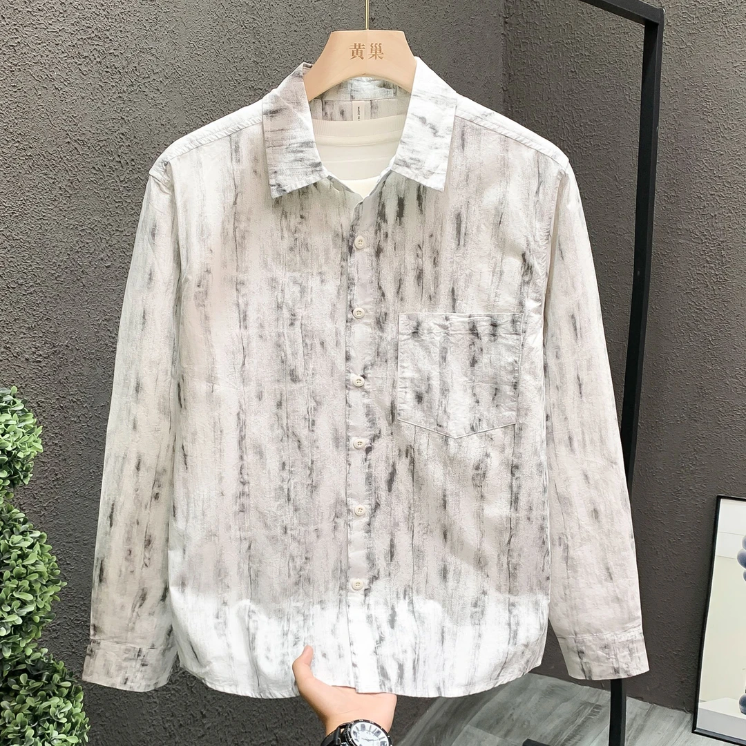高端品质男装时尚清新衬衫纯棉长袖个性扎染渐变文艺青年帅气衬衣