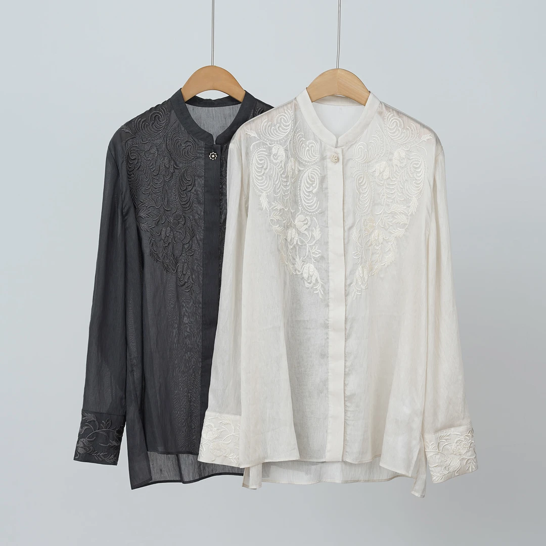 外贸品牌单 小众设计款莱赛尔亚麻刺绣女士衬衫（251488）2532