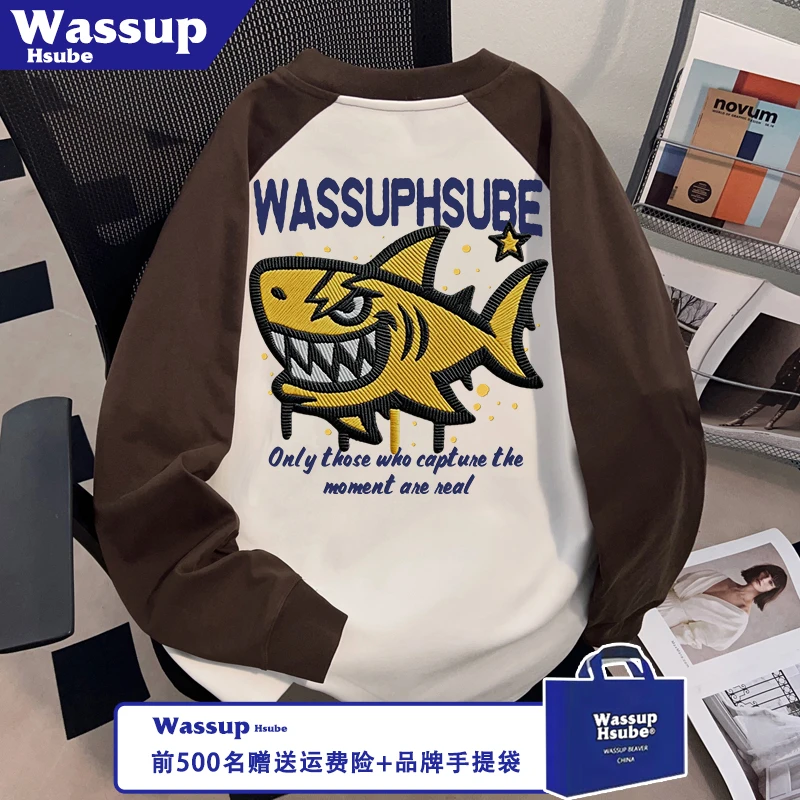 WASSUP HSUBE新颖炫酷鲨鱼印花T恤100%纯棉长袖ins秋男女插肩上衣