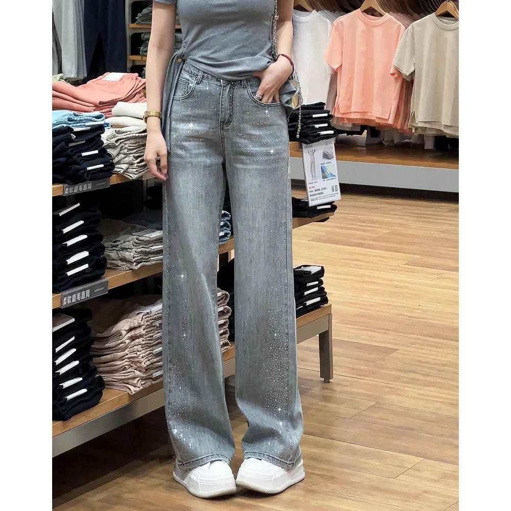 055复古烫钻牛仔裤女2025新款春季高腰直筒显瘦拖地裤宽松阔腿裤