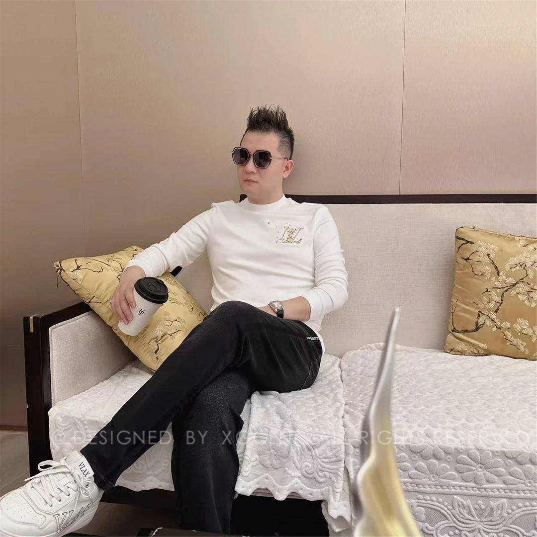 正品XGGLNI胸口金色刺绣字男士品质高端轻奢上档次长袖t恤（加绒款