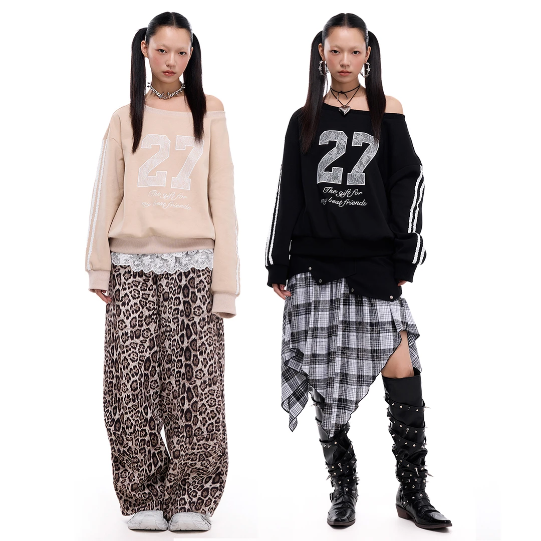 SUMIYAKI 27 宽松斜肩卫衣蕾丝刺绣女宽松上衣美式字母长袖上衣女