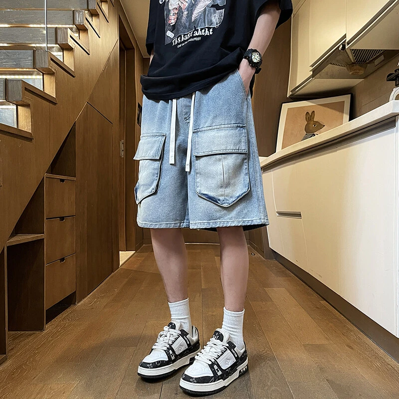 短裤男夏季牛仔裤青年多口袋工装时尚五分宽松直筒中裤男士裤子潮