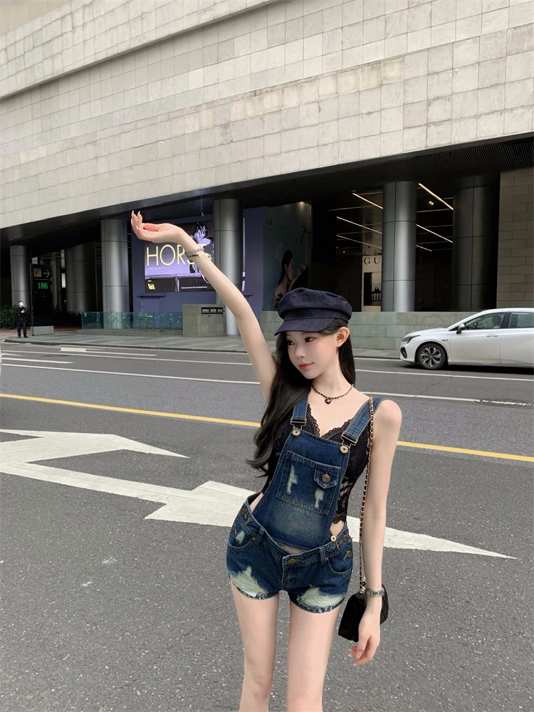 甜酷少女辣妹破洞背带短裤女夏显瘦短热裤小个子可拆卸俏皮百搭裤