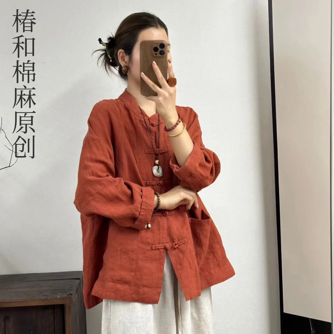 椿和早秋款【山岚】新中式亚麻长袖开衫短外套立领盘扣宽松显瘦外套