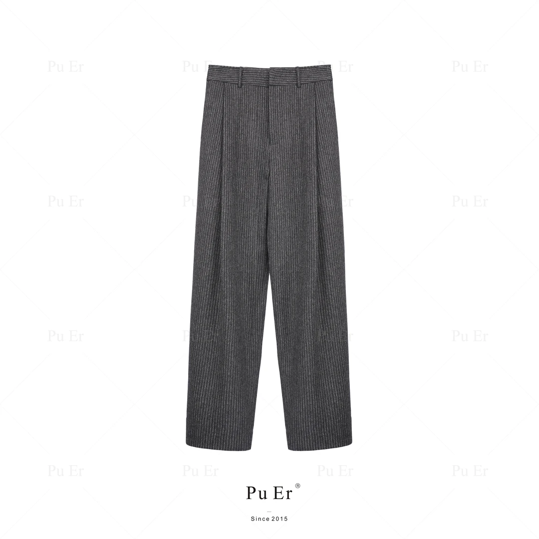 璞迩复古灰咖羊毛条纹单褶直筒裤（全里）