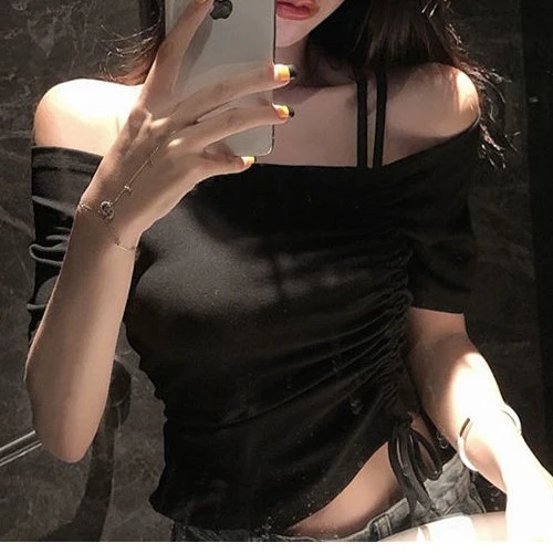 新款黑色绑带一字肩短款露脐紧身显瘦短袖T恤性感露锁骨上衣女夏