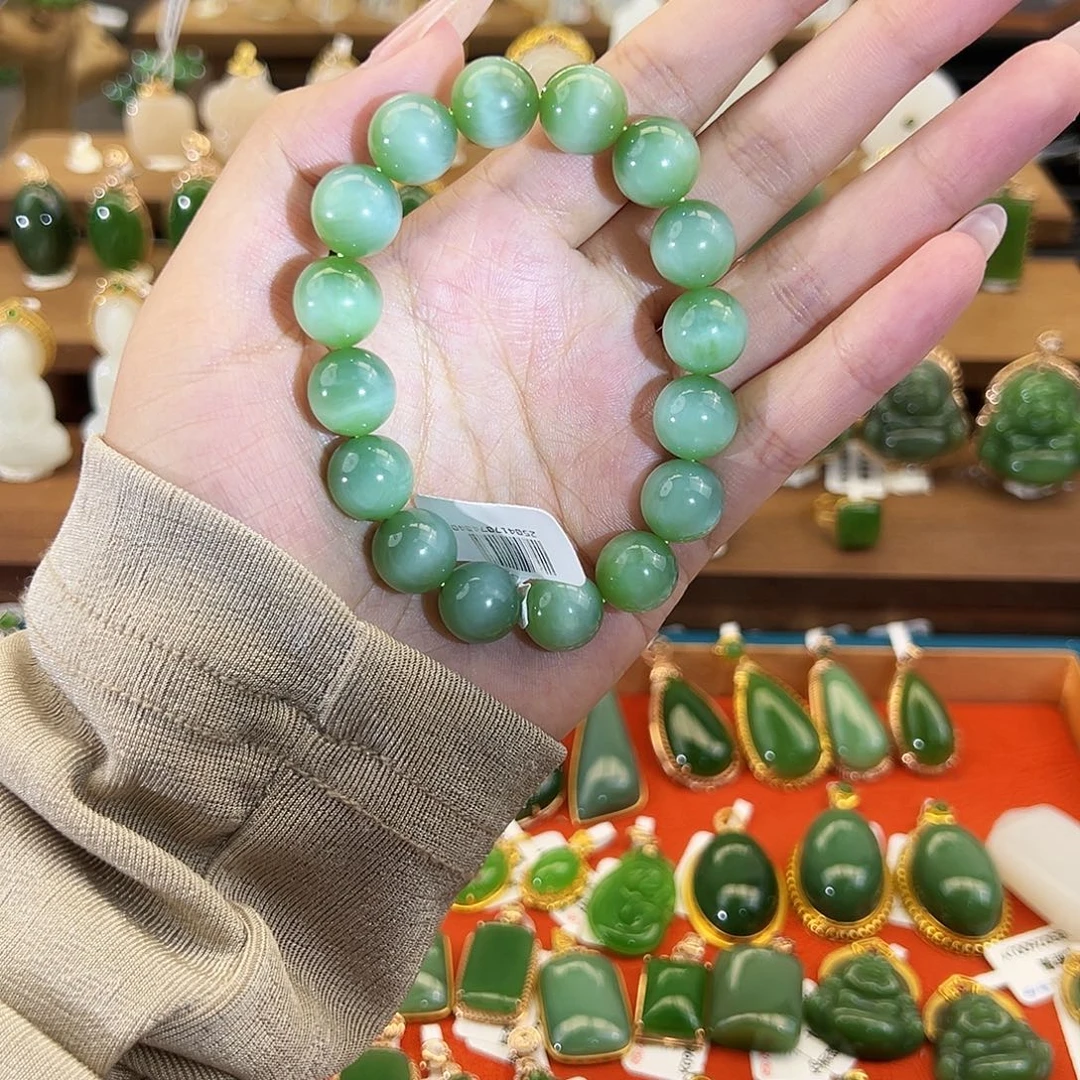 未镶嵌手串和田玉粉青猫眼一线天微结构