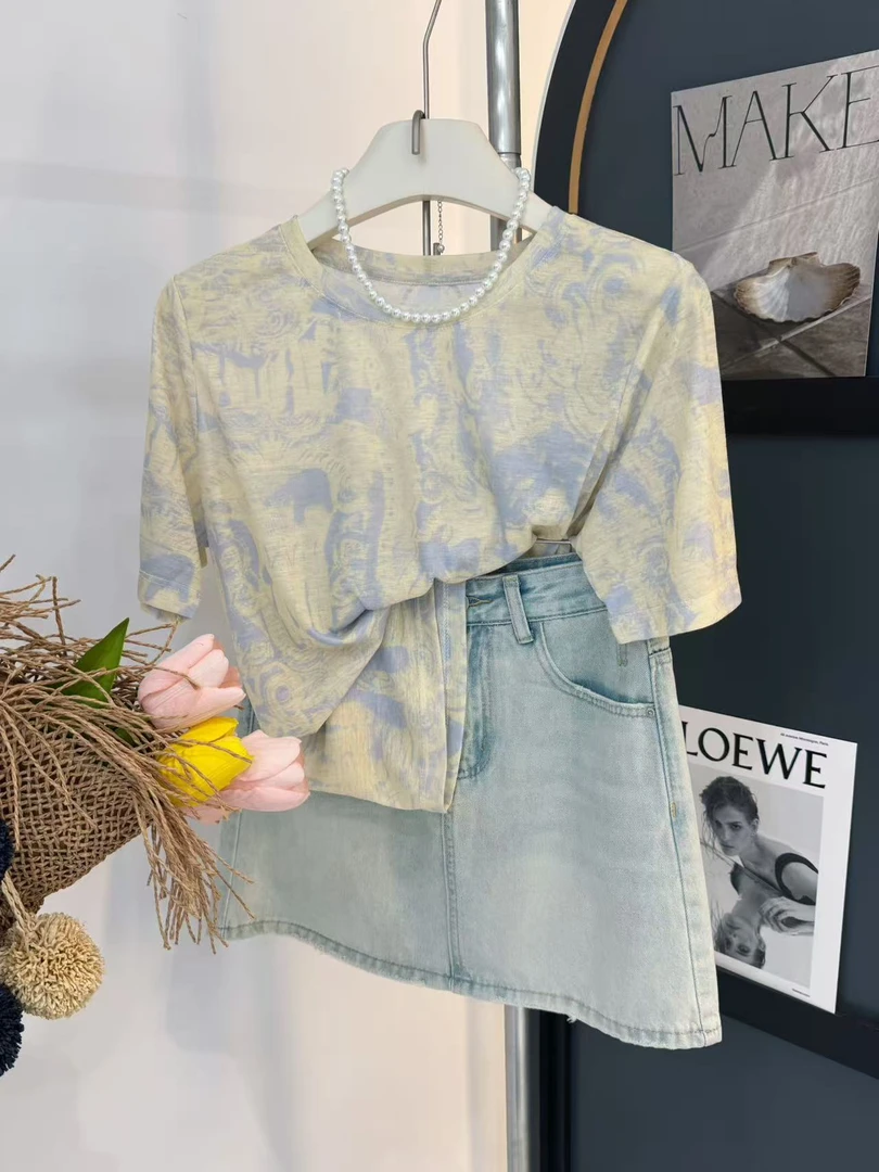 金色黄昏/莱赛尔短袖圆领套头女2025年夏季上衣