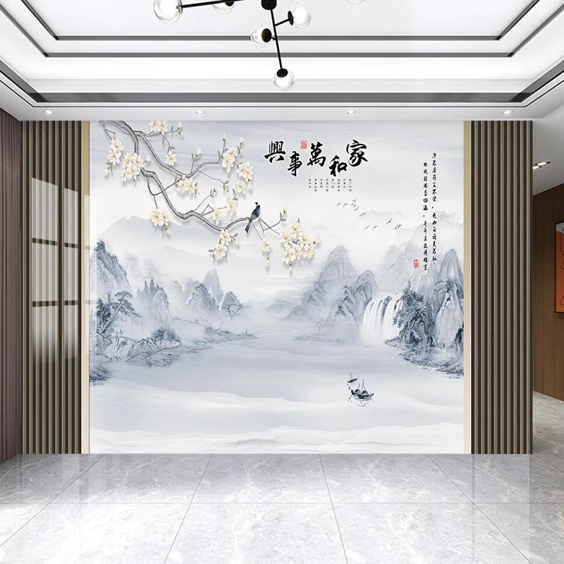 新中式水墨山水电视背景集成墙板简约影视墙竹炭纤维护墙板碳晶板