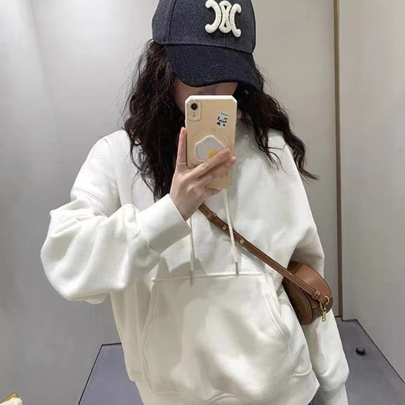 白色连帽卫衣女宽松小众设计感慵懒风休闲时尚百搭上衣帽衫 9538