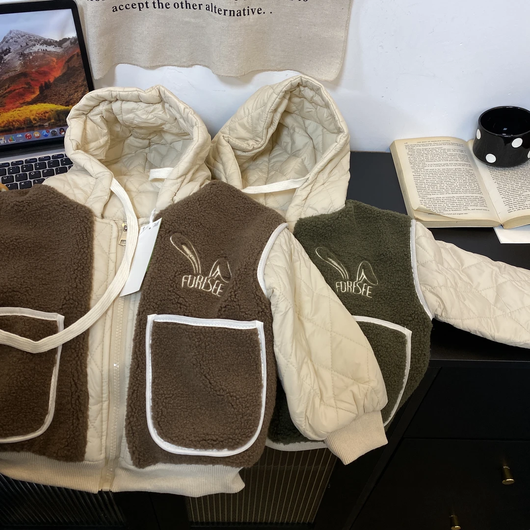 2488秋冬男女童时尚休闲百搭洋气加绒拼接棉服