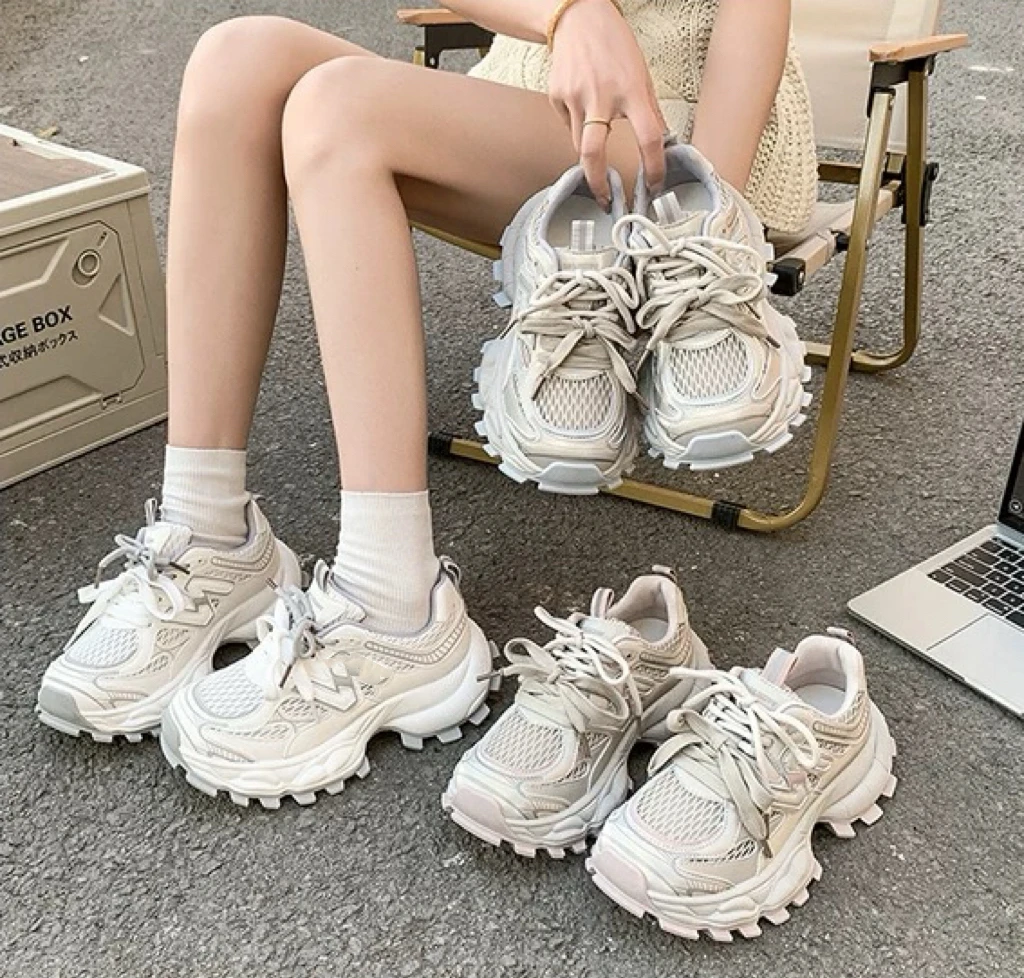 真皮网面厚底老爹鞋女【Z001】2025春夏新款百搭增高透气休闲运动鞋