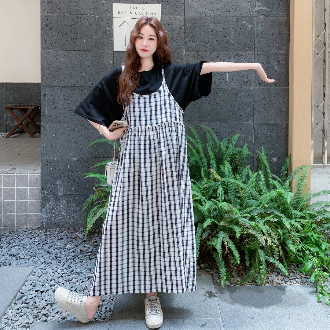 休闲T恤宽松背带连衣裙两件套女2025夏季新款气质爆款绝美长裙子