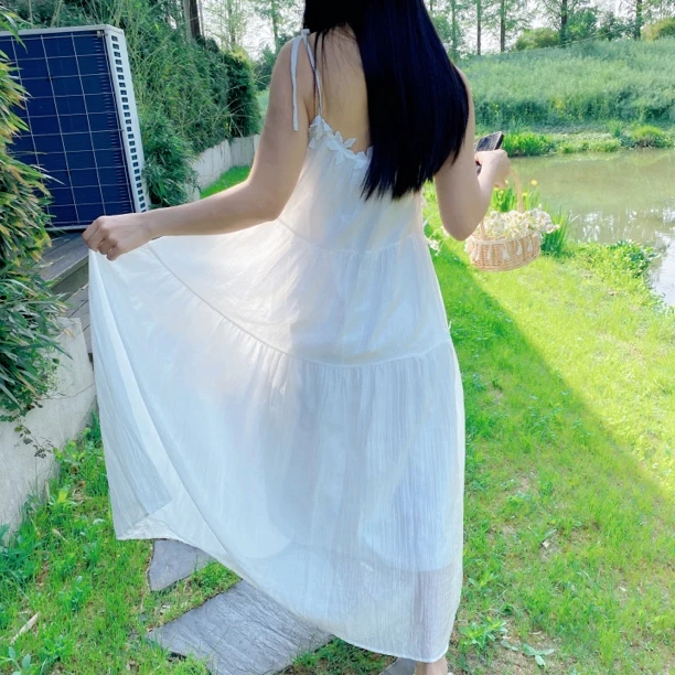 纯色长裙吊带2025夏季花朵连衣裙裙子沙滩裙时尚夏季韩版夏装