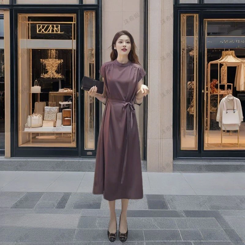 休闲气质轻奢收腰中长款连衣裙显瘦时尚2025夏季宽松系带气质裙子