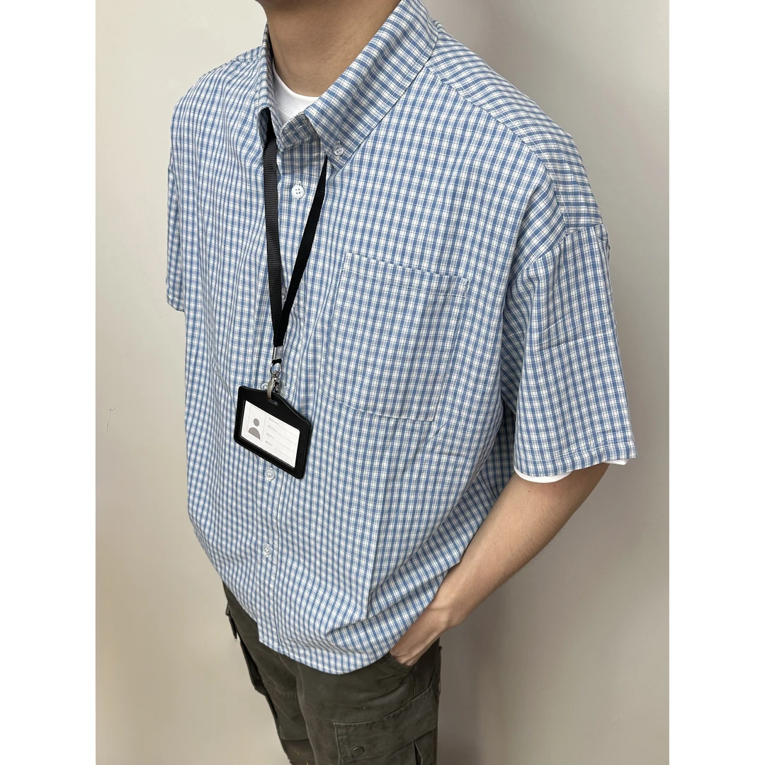 美式复古格子衬衫短袖夏天轻薄宽松男女情侣叠穿蓝色夏季高级格纹